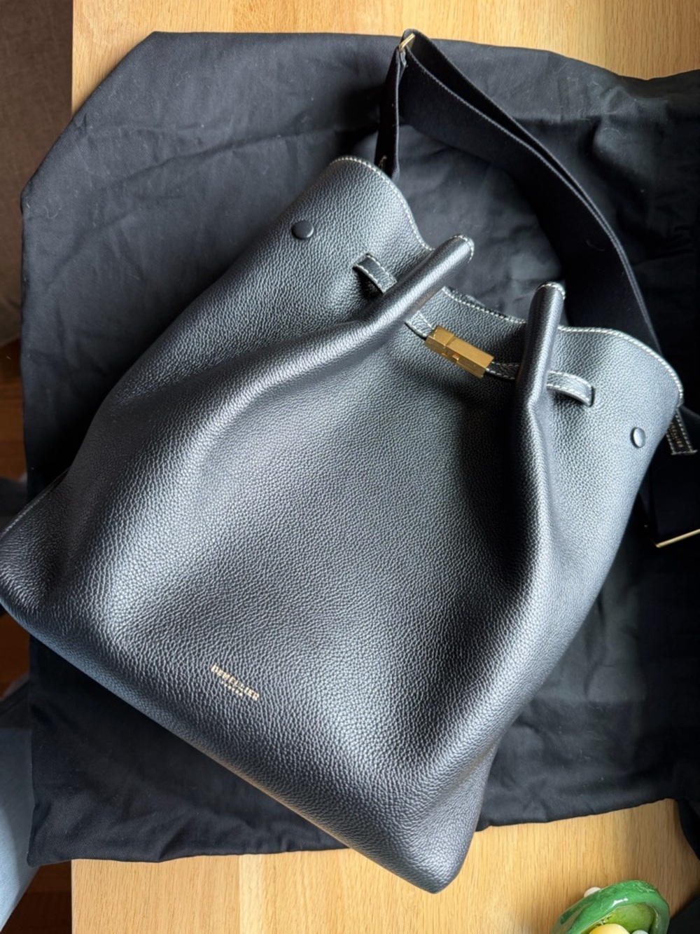 DeMellier Black Large Leather Bucket Bag with Gold Hardware and Crossbody Strap. - Picture 3 of 5